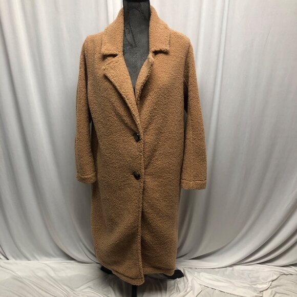 She and Sky Faux Fur Teddy Coat Womens Size Medium Camel Longline Two Button - Picture 1 of 7